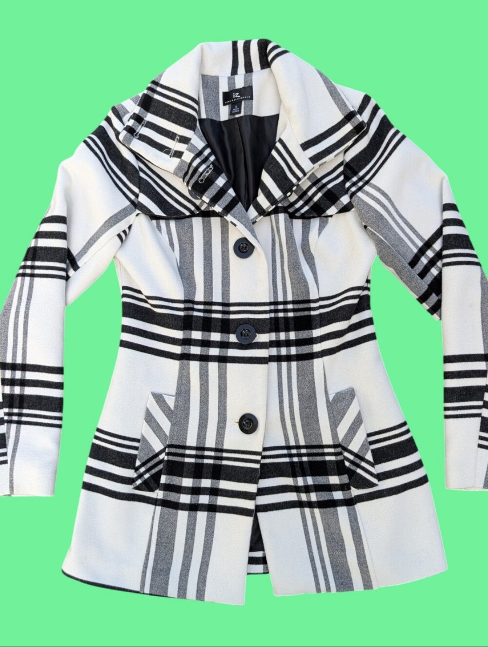 Iz Byer California Plaid Felt Pea Coat - black, white, grey - Size S